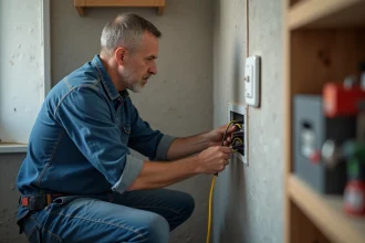 Homme en bleu connectant fils électriques dans une pièce