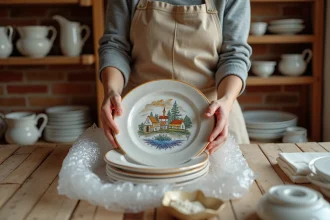 Femme emballant une assiette en faïencerie Henriot Quimper avec du papier bulle sur une table en bois