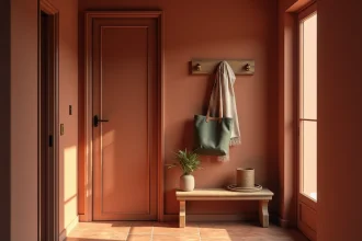 Entrée nord peinte en terracotta chaleureux avec porte-manteau vintage et miroir en laiton pour réchauffer visuellement la pièce