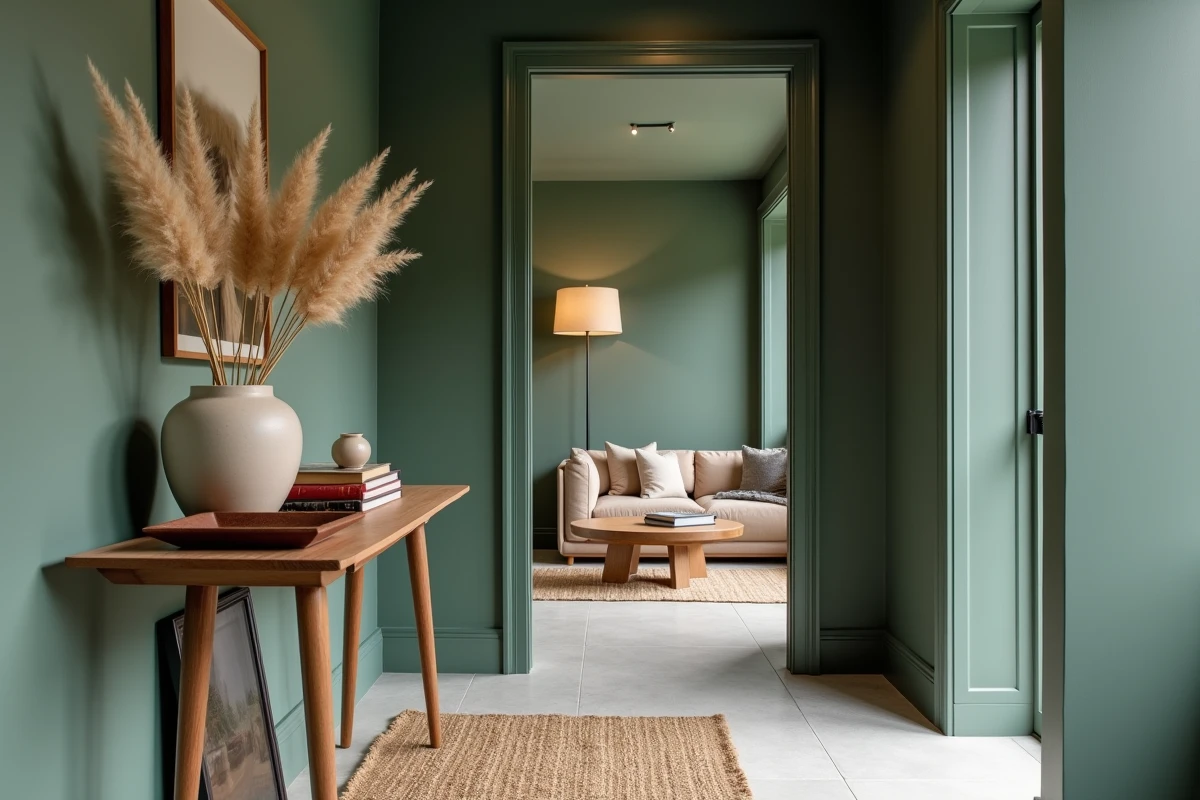 Entrée nord décorée avec une peinture vert sauge mat profond, console en noyer et accessoires naturels pour un intérieur chaleureux
