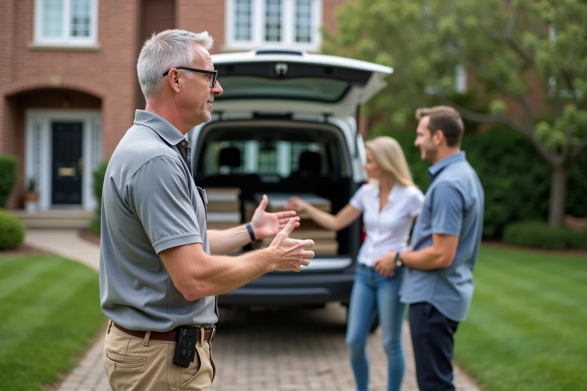 Entrepreneur en chantier avec van et matériaux en extérieur