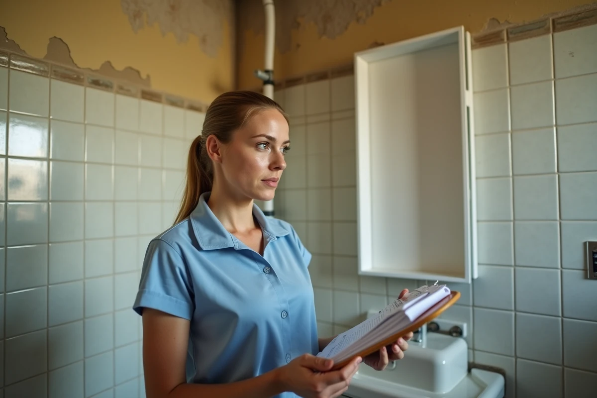 Entrepreneur en rénovation présentant un devis détaillé dans une salle de bain belge à rénover