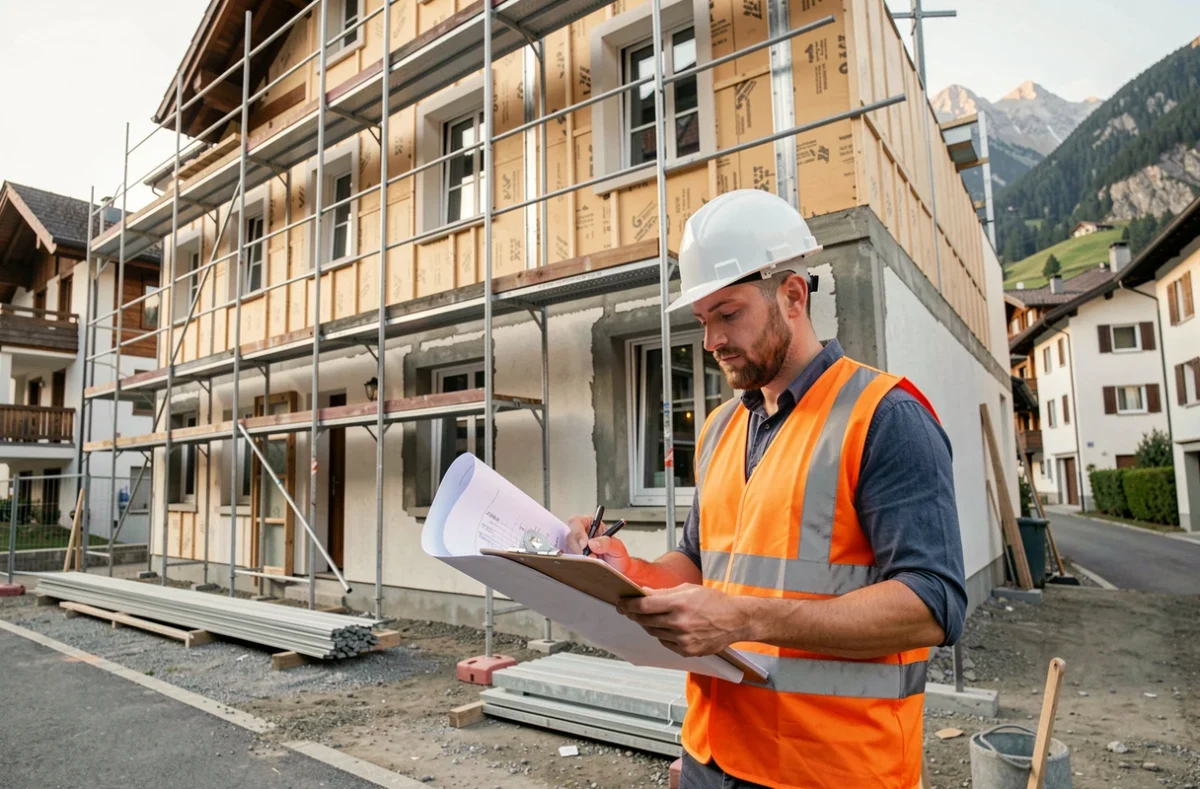 Un chef de chantier de l'Entreprise Yildirim consultant des plans devant un immeuble en cours de rénovation en Savoie
