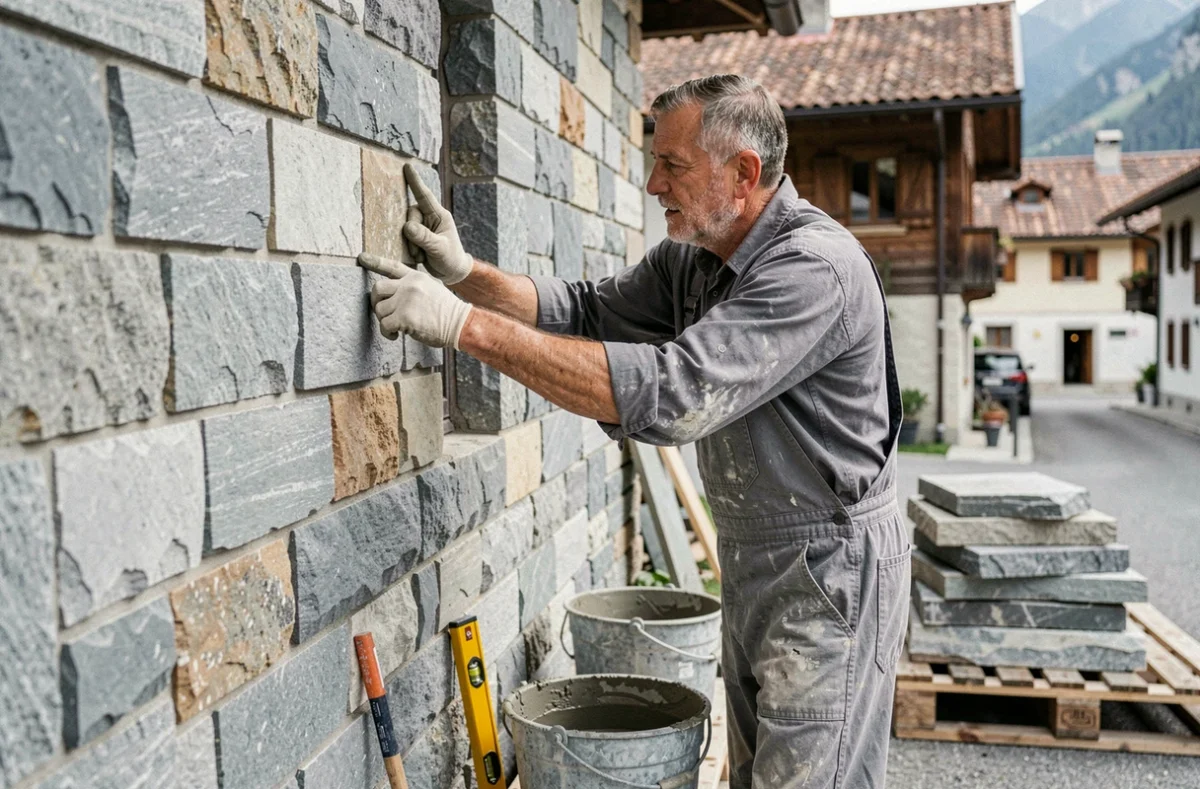 Un maçon de l'Entreprise Zaccardi posant des blocs de pierre sur la façade d'un bâtiment historique en Savoie