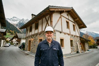 Un entrepreneur en rénovation devant un bâtiment savoyard en cours de restauration avec les Alpes en arrière-plan