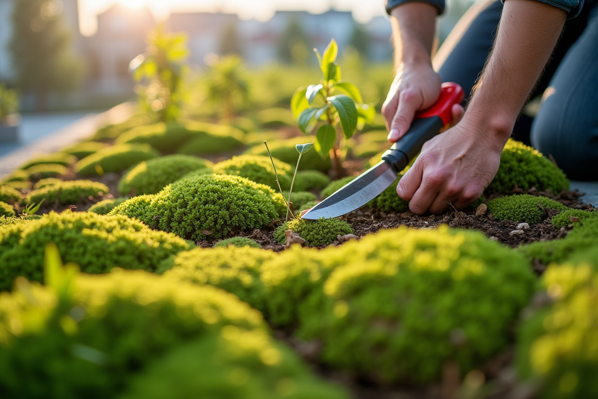 Mains taillant la mousse sur un toit vert écologique ensoleille