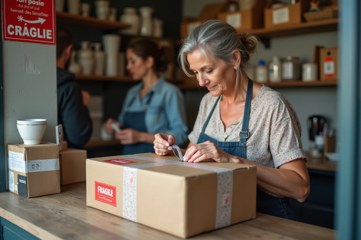 Femme scellant un colis contenant de la faïence Quimper avec une étiquette Fragile au comptoir d'un bureau de poste