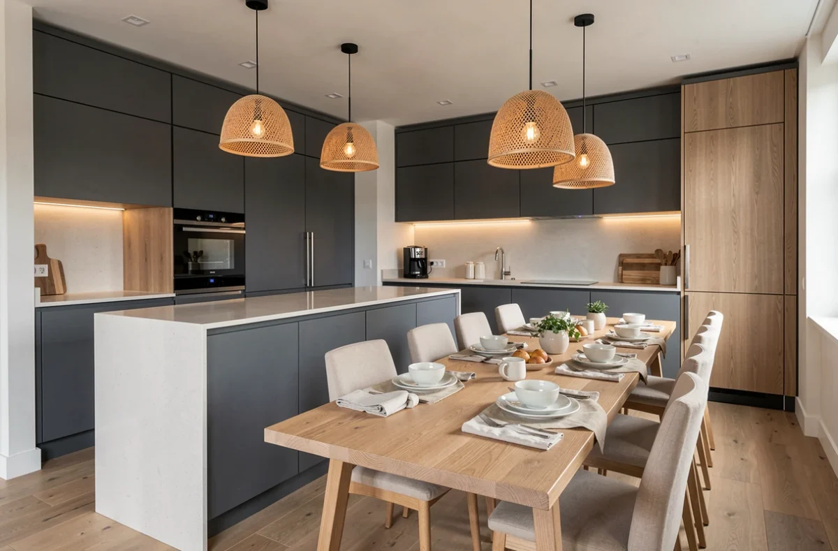 Cuisine ouverte sur salle à manger aménagée par Eodesign à Strasbourg avec îlot en quartz et cabinetry anthracite