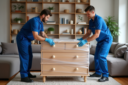 Equipe de d&eacute;m&eacute;nageurs prot&eacute;geant un meuble ancien dans un salon