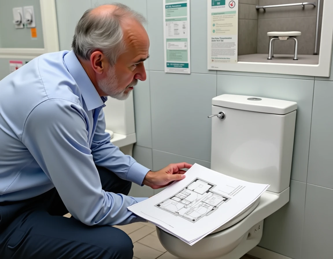 Ergothérapeute expliquant les dimensions réglementaires d'un WC suspendu PMR dans un showroom