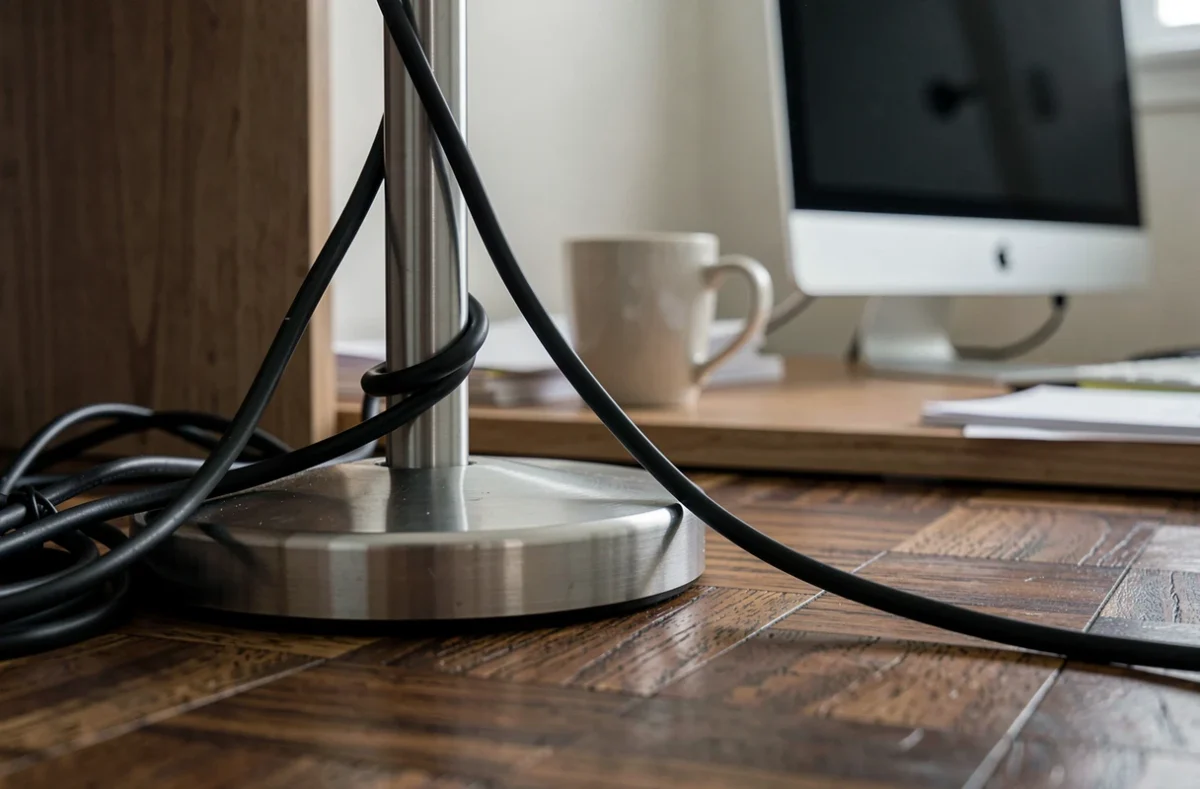 Gros plan sur le câble mal rangé d'une lampe halogène sur pied posée dans un bureau à domicile, illustrant une erreur courante de sécurité