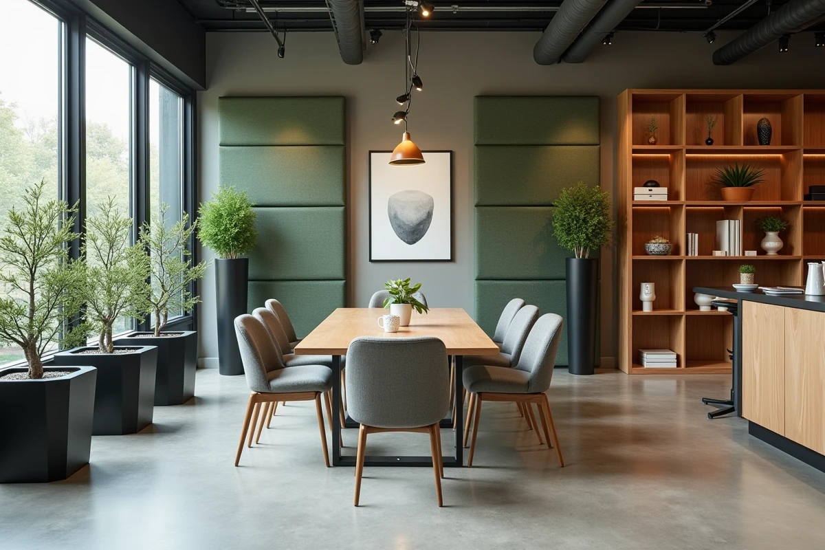 Espace de co-working professionnel d&eacute;cor&eacute; avec des panneaux acoustiques, du mobilier design et des v&eacute;g&eacute;taux soigneusement s&eacute;lectionn&eacute;s