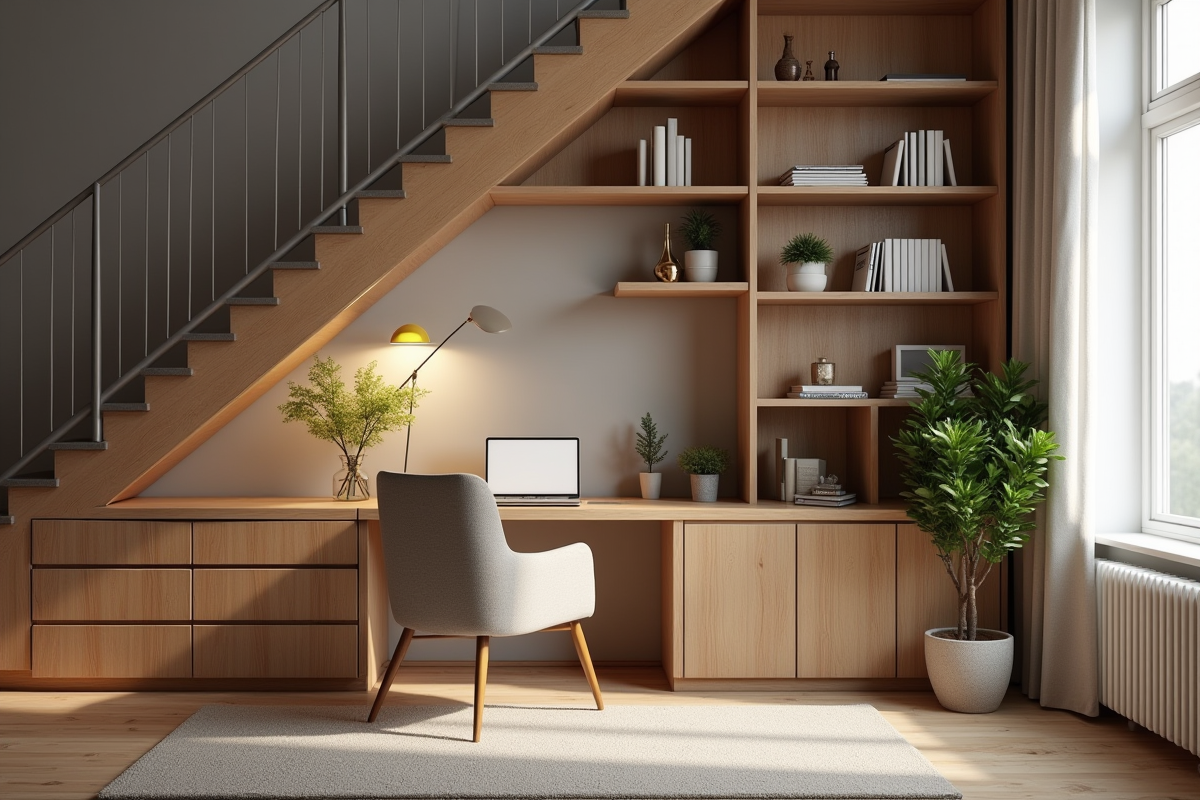 Espace de travail cosy sous un escalier avec bureau en bois