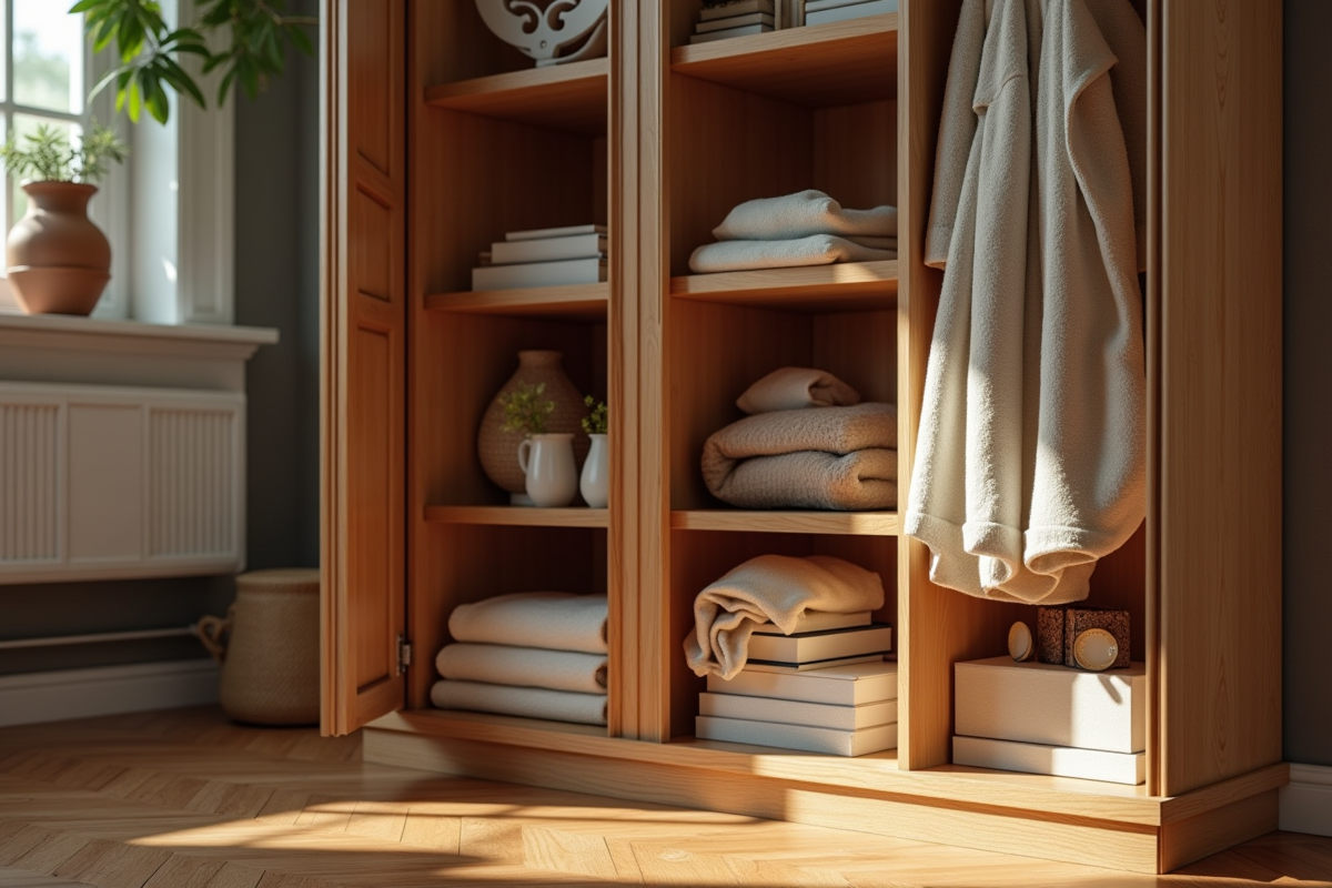 Gros plan sur une étagère bien organisée dans une armoire lumineuse