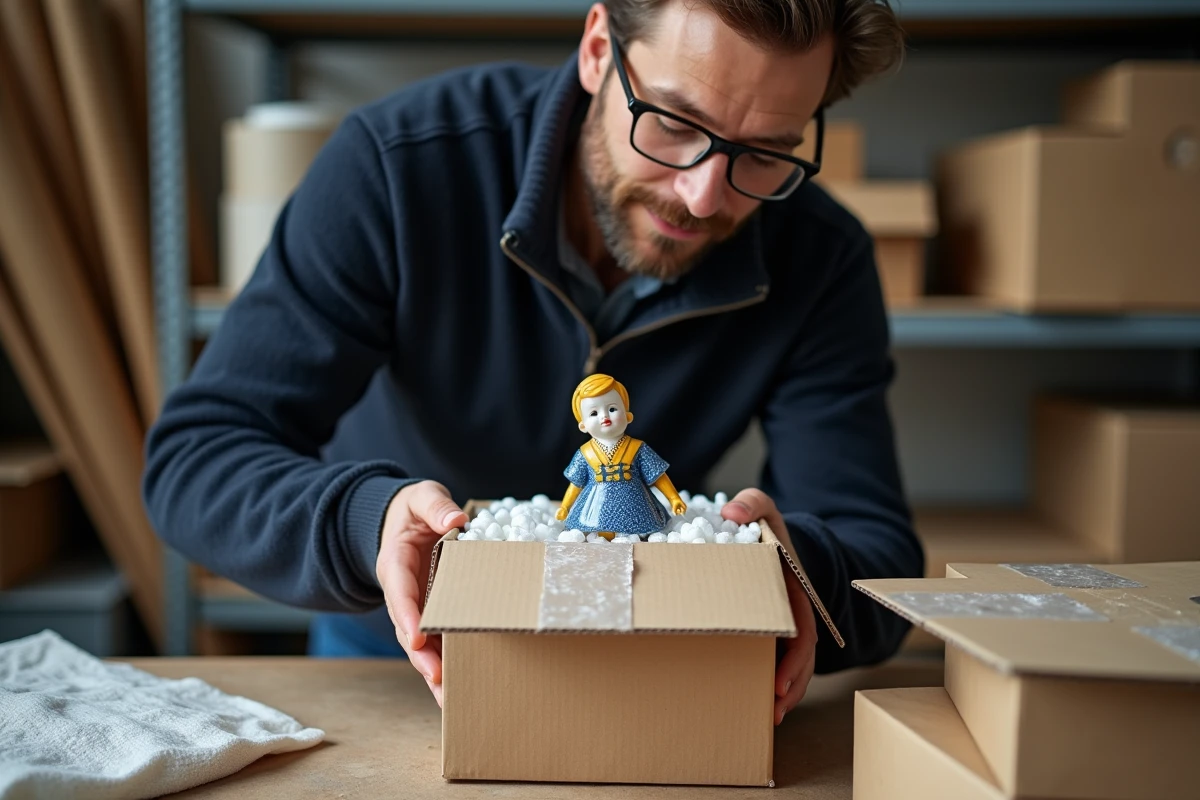 Homme plaçant une figurine en faïence Quimper emballée dans une boîte de livraison avec des granulés de calage