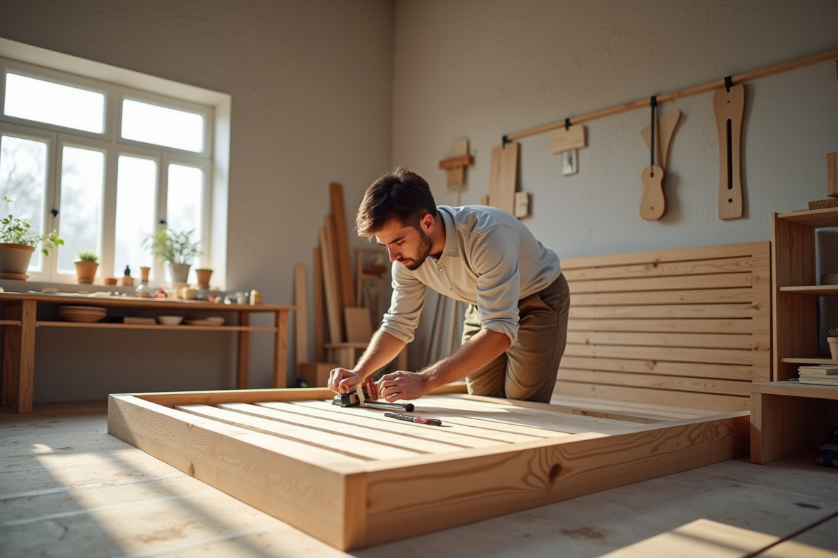 Artisan assemblant un cadre de lit en bois dans un atelier lumineux
