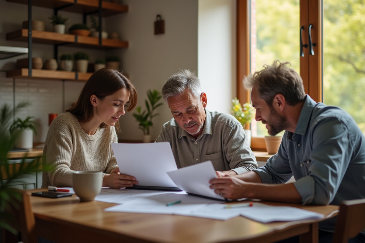 Famille multigenerational discutant autour d une table à la maison