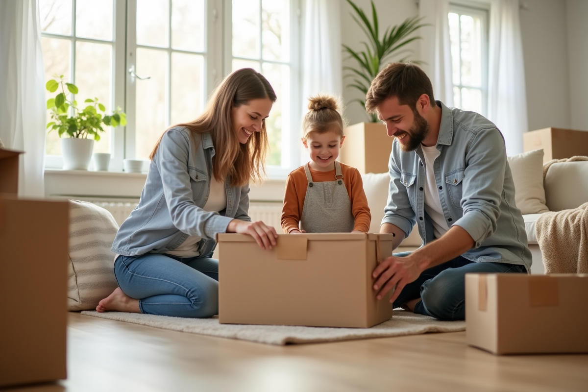 Famille heureuse organisant des cartons dans une maison lumineuse