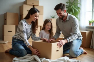 Famille souriante emballant des cartons dans un salon lumineux