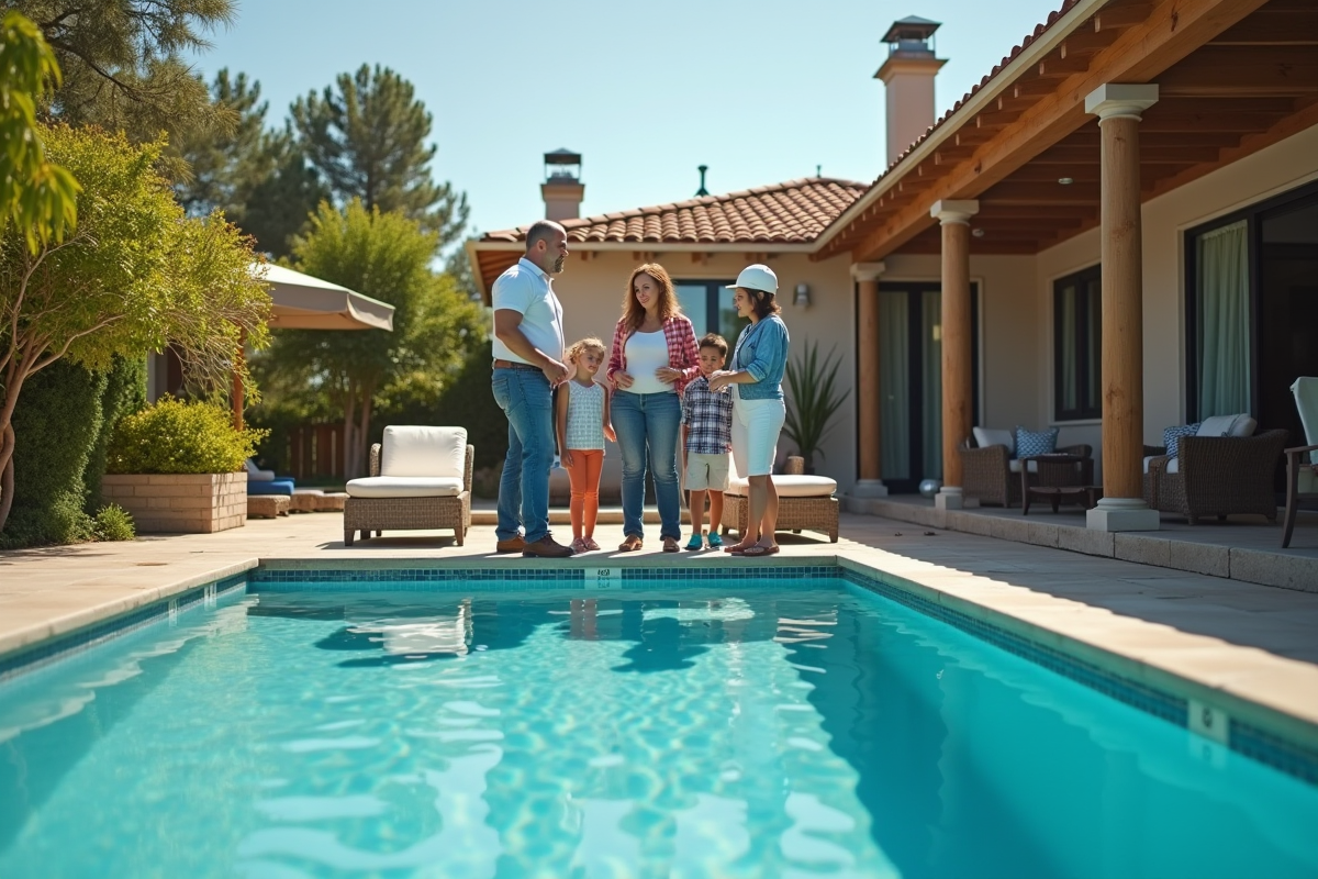 Famille autour d une piscine finie en plein jour ensoleille