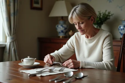 Femme inspectant une argenterie ancienne sur une table