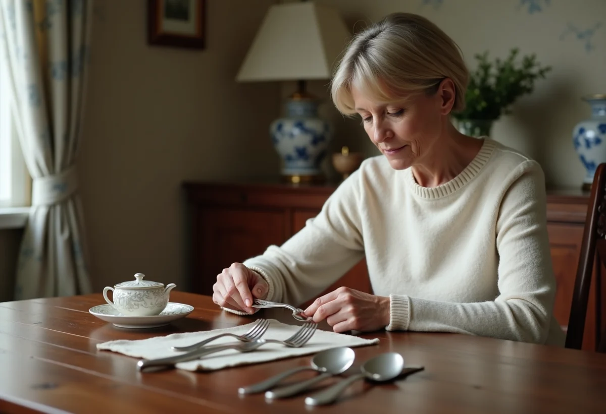 Femme inspectant une argenterie ancienne sur une table