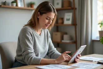 Femme utilisant une application de décoration intérieure sur tablette dans un bureau à domicile moderne