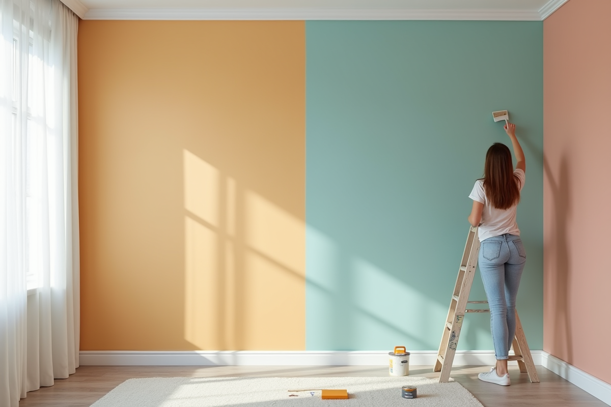 Femme pose deux papiers peints dans une chambre minimaliste