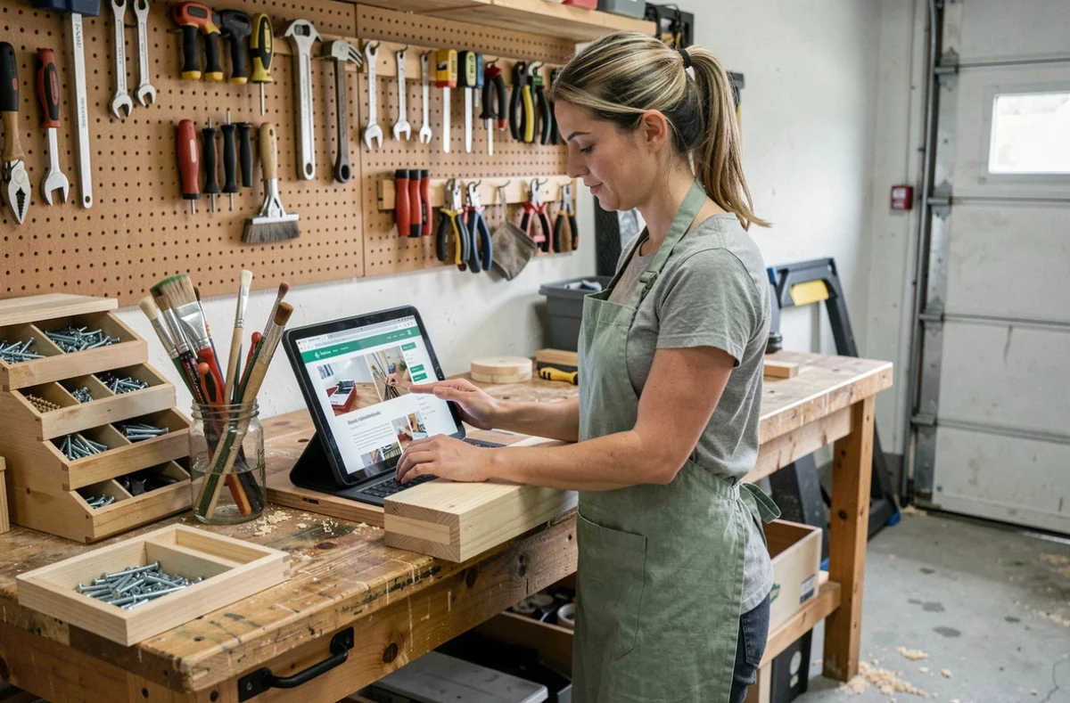 Femme bricoleur consultant un site de bricolage sur tablette dans un atelier garage