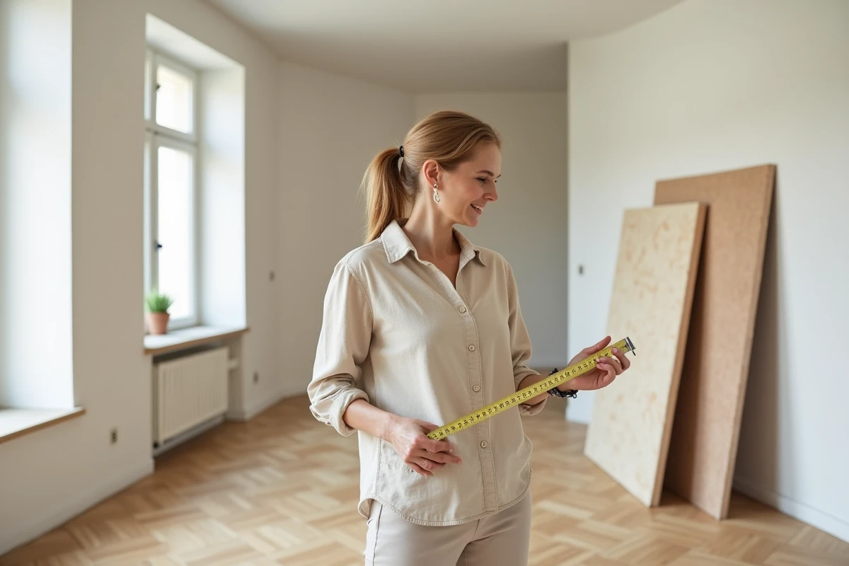 Femme comparant deux échantillons de plaques d'isolation thermique dans un salon non meublé en cours de rénovation intérieure