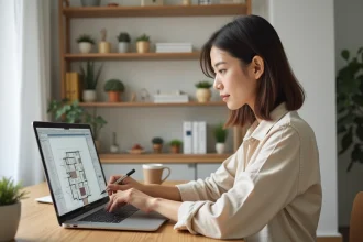 Femme utilisant un logiciel de conception immobilière sur ordinateur depuis son bureau à domicile