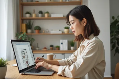 Femme utilisant un logiciel de conception immobilière sur ordinateur depuis son bureau à domicile