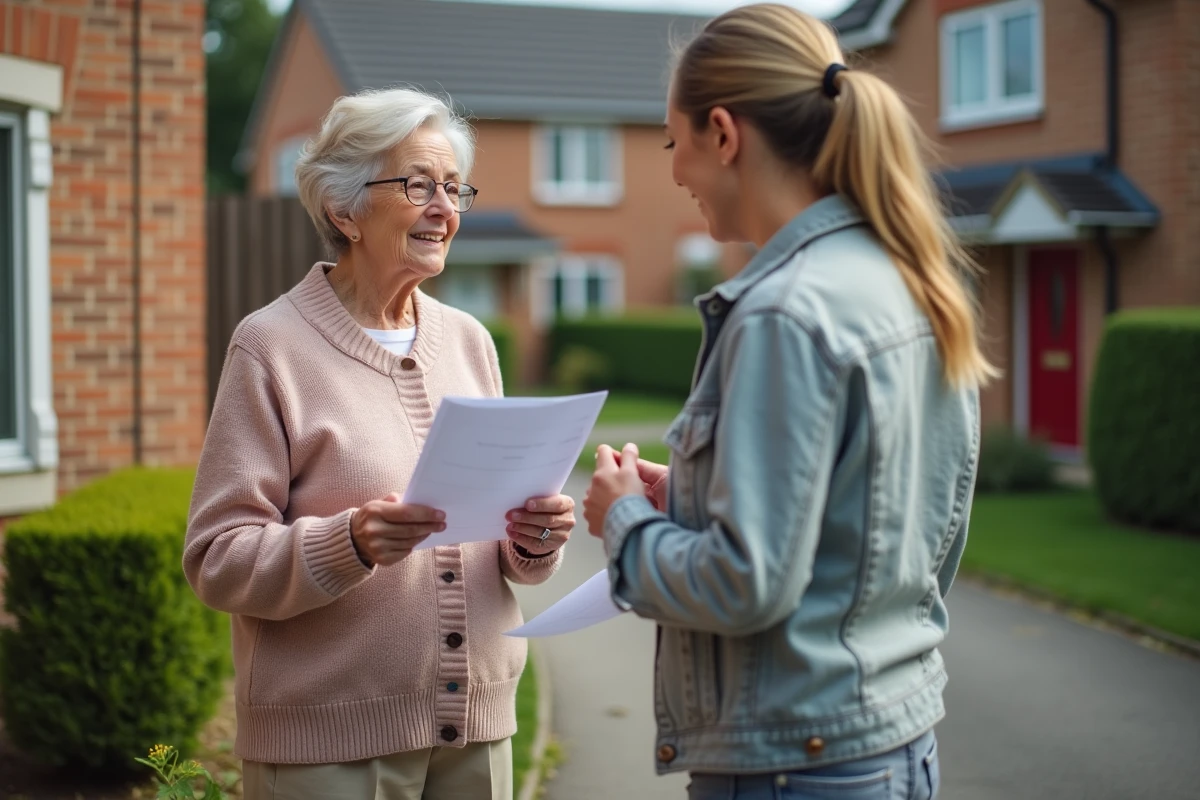 Femme âgée discutant avec une bénévole devant une maison de banlieue