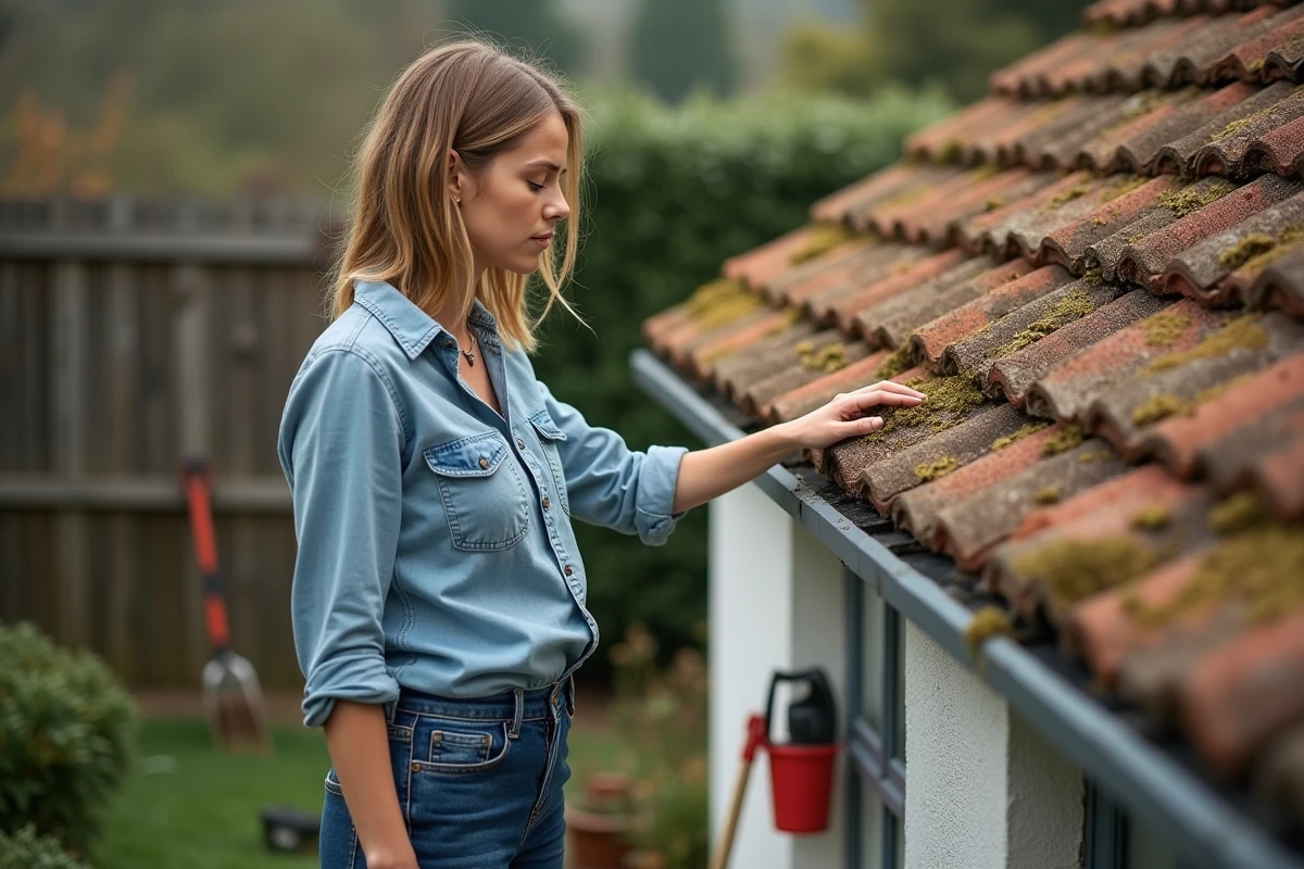 Femme examinant la mousse sur le toit en tuiles