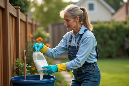 Femme en vêtements de jardinage verse de l'eau de javel