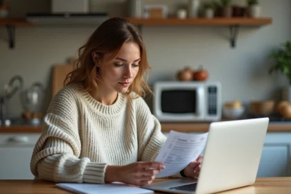 Femme dans une cuisine moderne utilisant un ordinateur portable