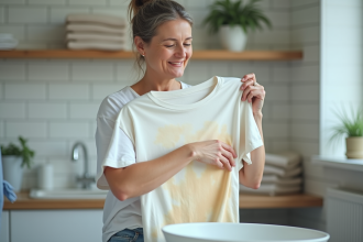 Femme qui lave un t-shirt blanc dans la buanderie