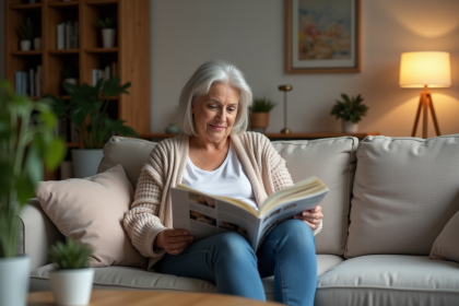 Femme d'&acirc;ge moyen lisant un magazine dans un salon moderne