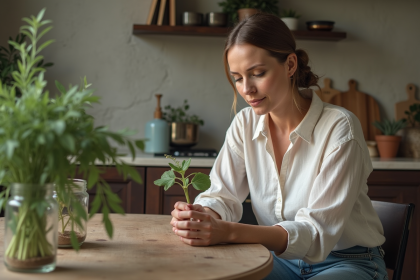 Femme examinant une plante de l'argent dans une cuisine chaleureuse