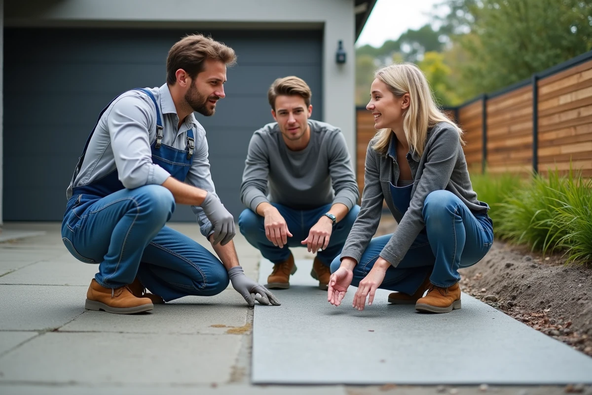 Femme maçonne expliquant le béton à un jeune couple