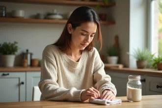 Femme nettoyant un anneau en argent dans une cuisine lumineuse