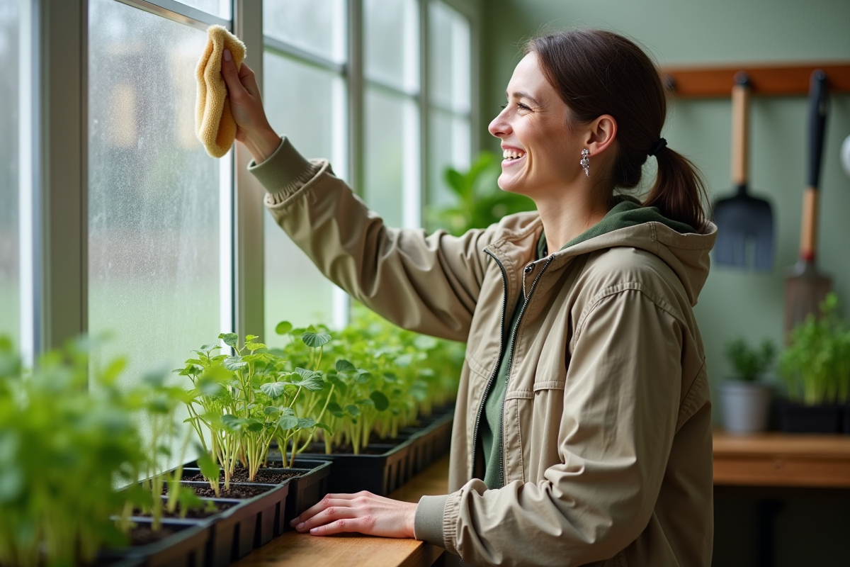Femme nettoyant une vitre de serre avec un chiffon