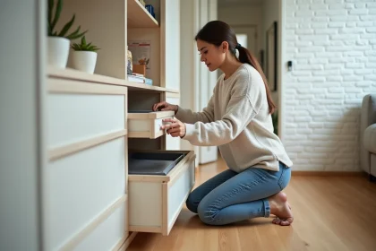 Femme organisant des bo&icirc;tes de rangement dans un petit appartement