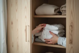 Femme organisant une armoire avec absorbeur d'humidité