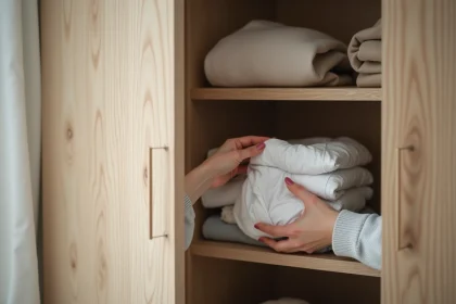 Femme organisant une armoire avec absorbeur d'humidit&eacute;