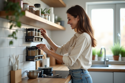 Femme souriante organise épices dans une cuisine moderne