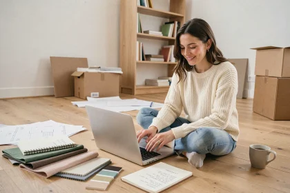 Femme consultant le site machaumiere.fr sur son ordinateur portable pour planifier l'aménagement de son salon en cours de rénovation