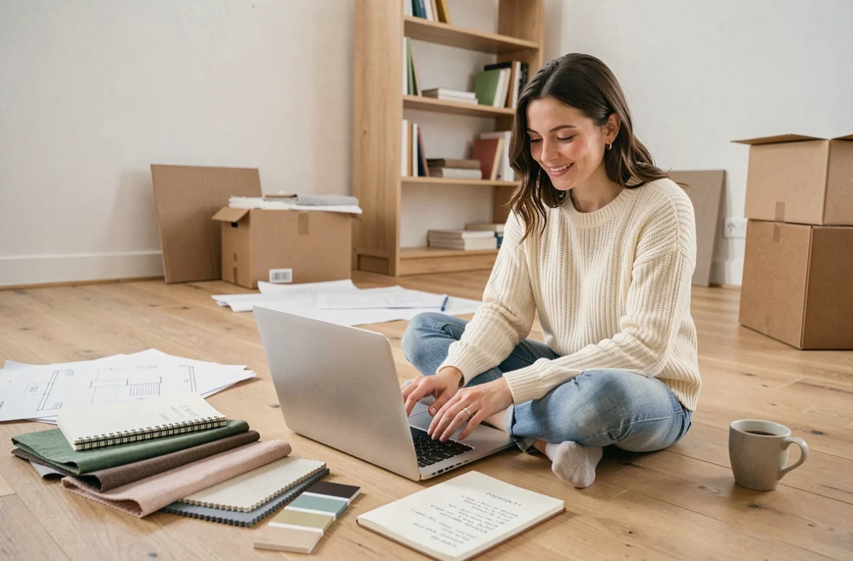 Femme consultant le site machaumiere.fr sur son ordinateur portable pour planifier l'aménagement de son salon en cours de rénovation