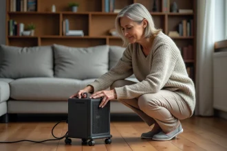 Femme évaluant un radiateur électrique portable Chaufferapide dans un salon moderne