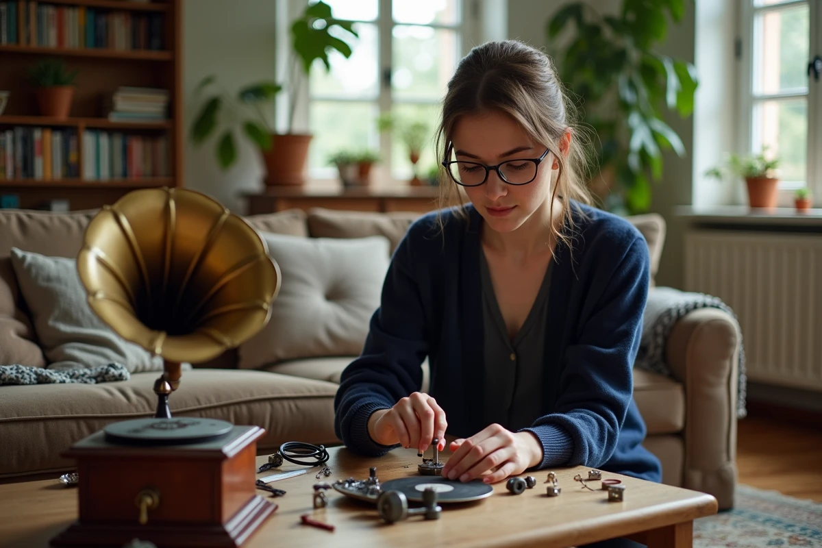 Jeune femme réparant un gramophone ancien dans un salon lumineux